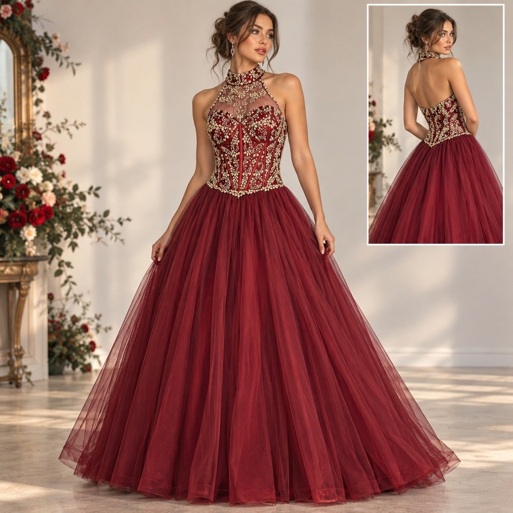 Izilady Burgundy Rhinestone Corset Tulle Ball Gown Halter Neck Prom Dress 12